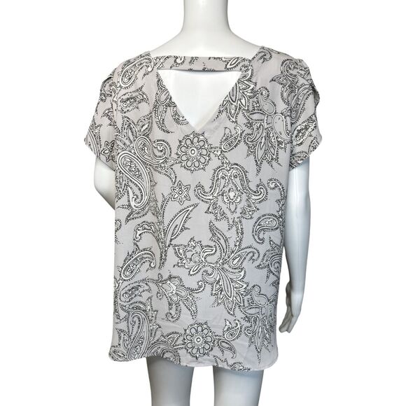 Loft Shirt Womens Large Gray White Paisley Blouse Neutral Cutout Office Casual - Picture 4 of 8